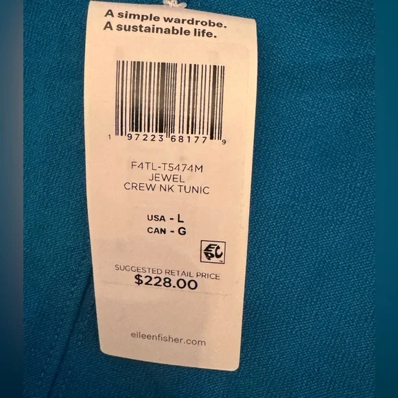 $228 NWT Eileen Fisher Jewel Crew Neck Tunic short sleeve top Blue Large - Picture 6 of 6